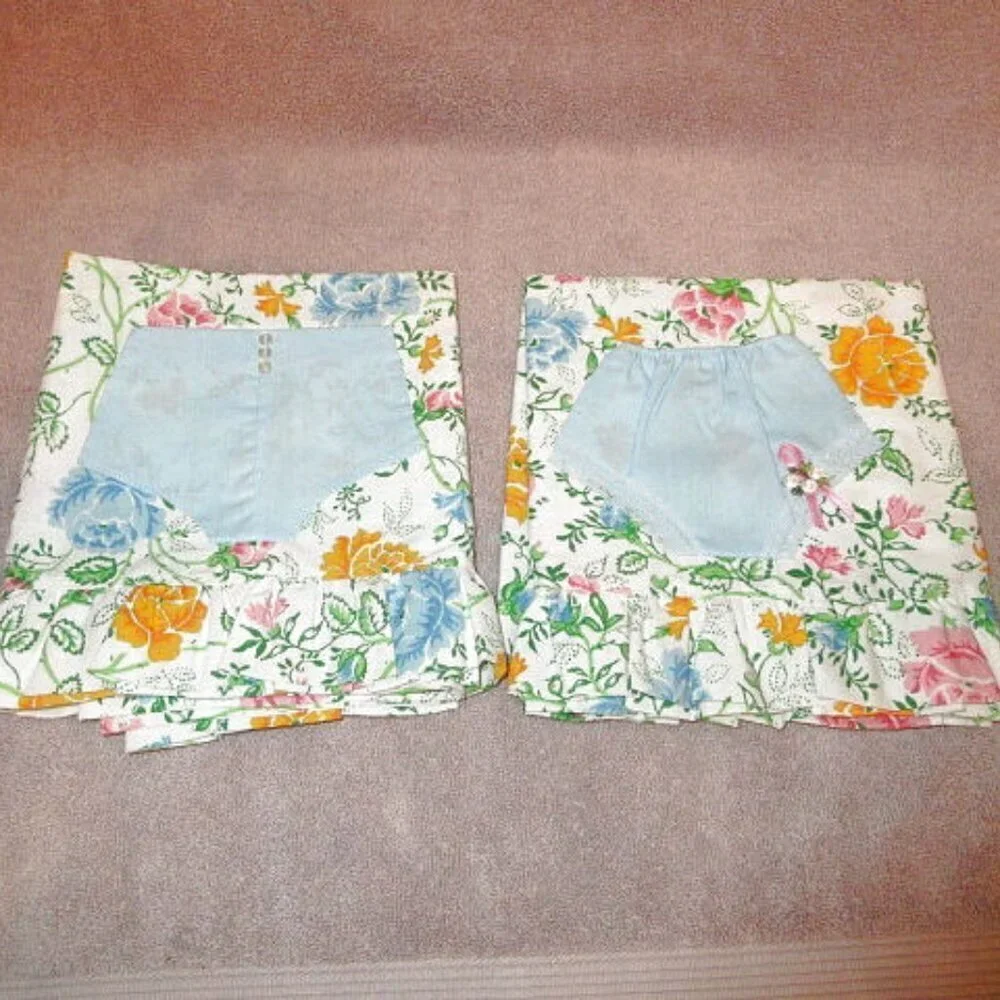 Vtg Set Of 2 Cotton Floral Pillowcases Standard Cottagecore Ruffled Embroidered